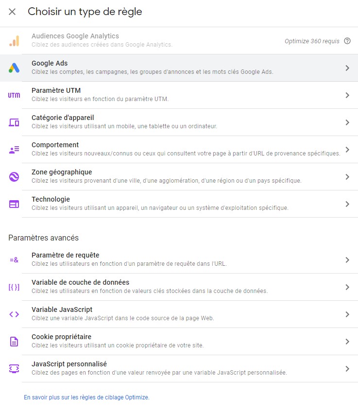 selection-source-visiteur Google Optimize - sélection source visiteurs