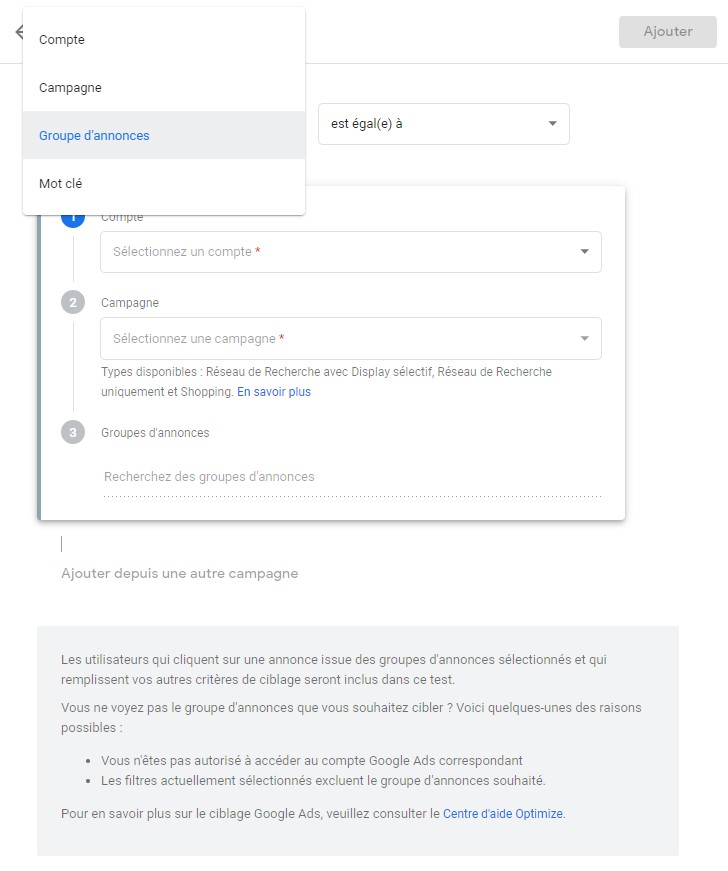 selection-compte-google-ads Google Optimize - sélection le compte Google Ads