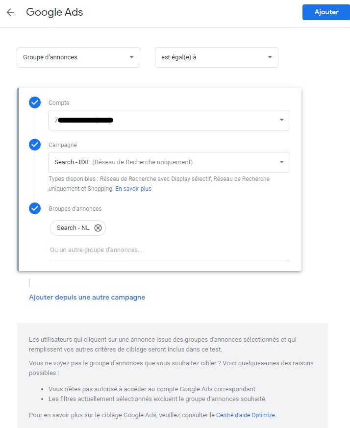 selection-campagne-groupe-annonces Google Optimize - sélection campagne et groupe d'annocnes