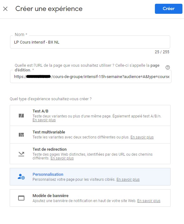 personnalisation Google Optimize - expérience de personnalisation
