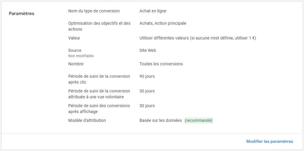 Les différents paramètres de la conversion d'achat dans Google Ads