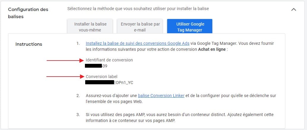 Repérez l'identifiant de conversion et le conversion label de votre conversion d'achat