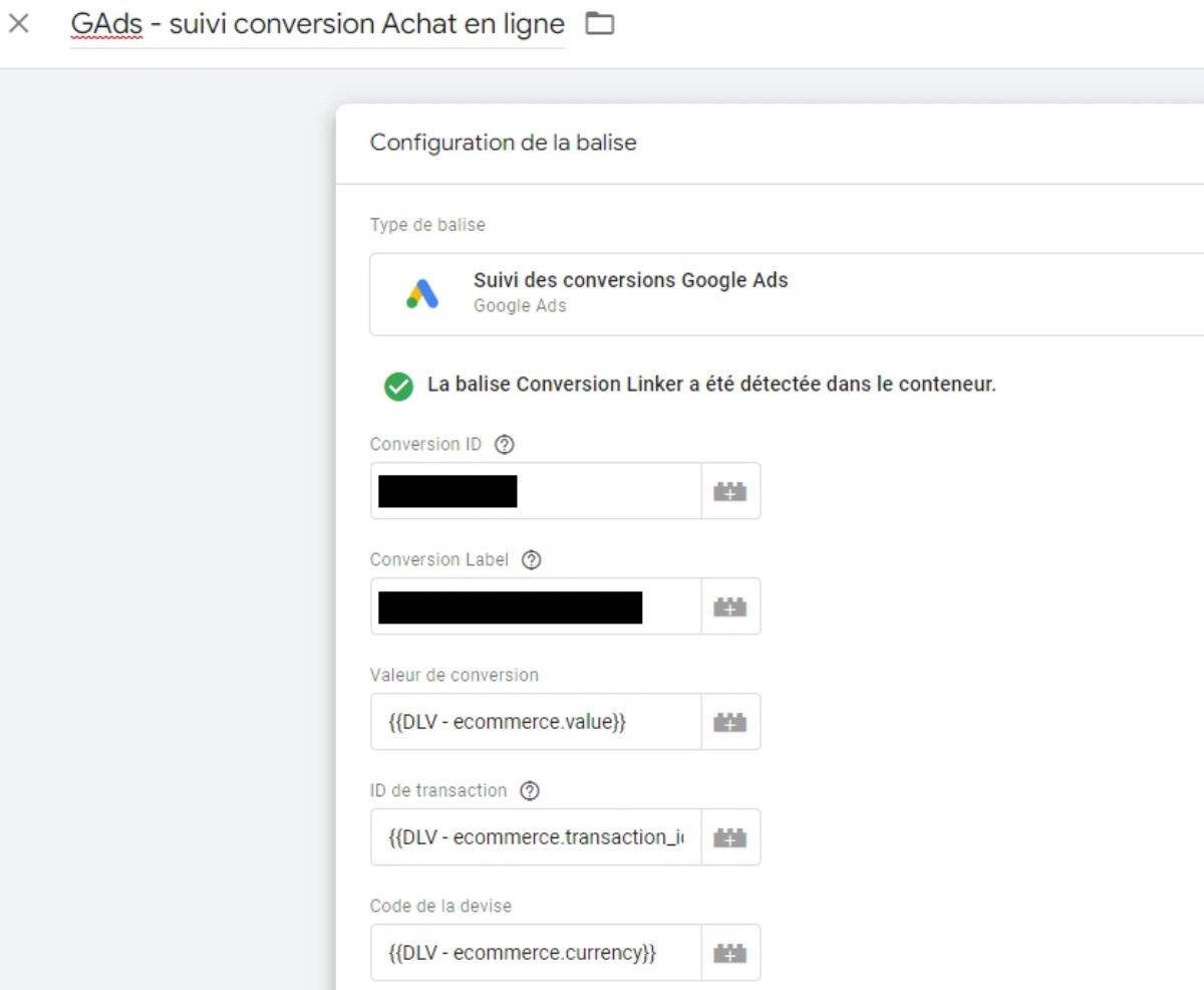 Paramétrez la balise de suivi des conversions google ads avec les données Ecommerce