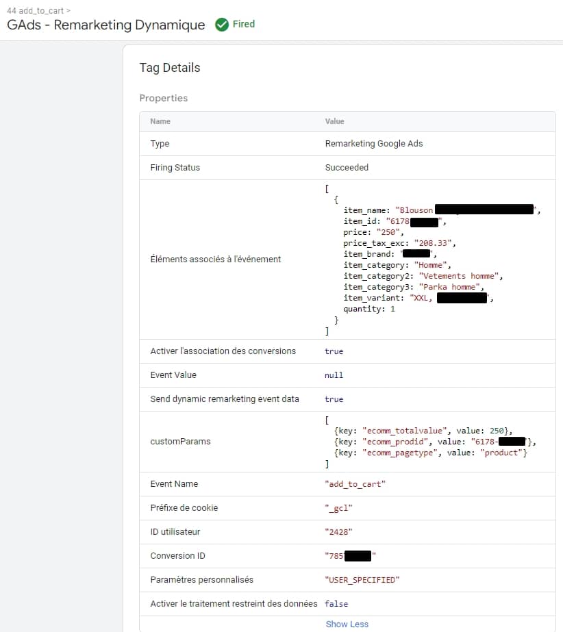 données de la balise de remakreting dynamique déclenché lors d'un ajout au panier