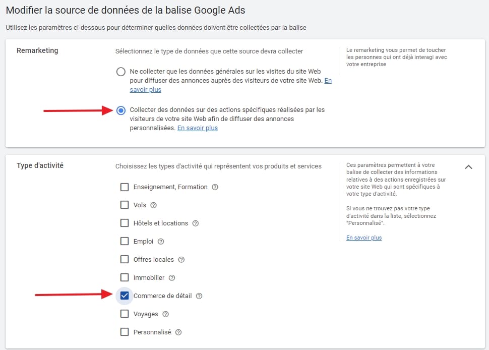 Section "Type d'activité" de la balise Google Ads