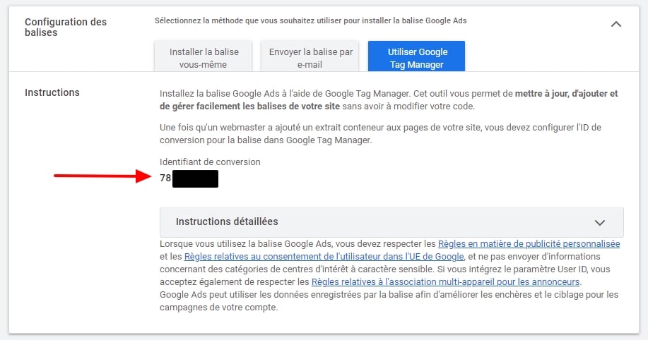 L'id de conversion à copier/coller