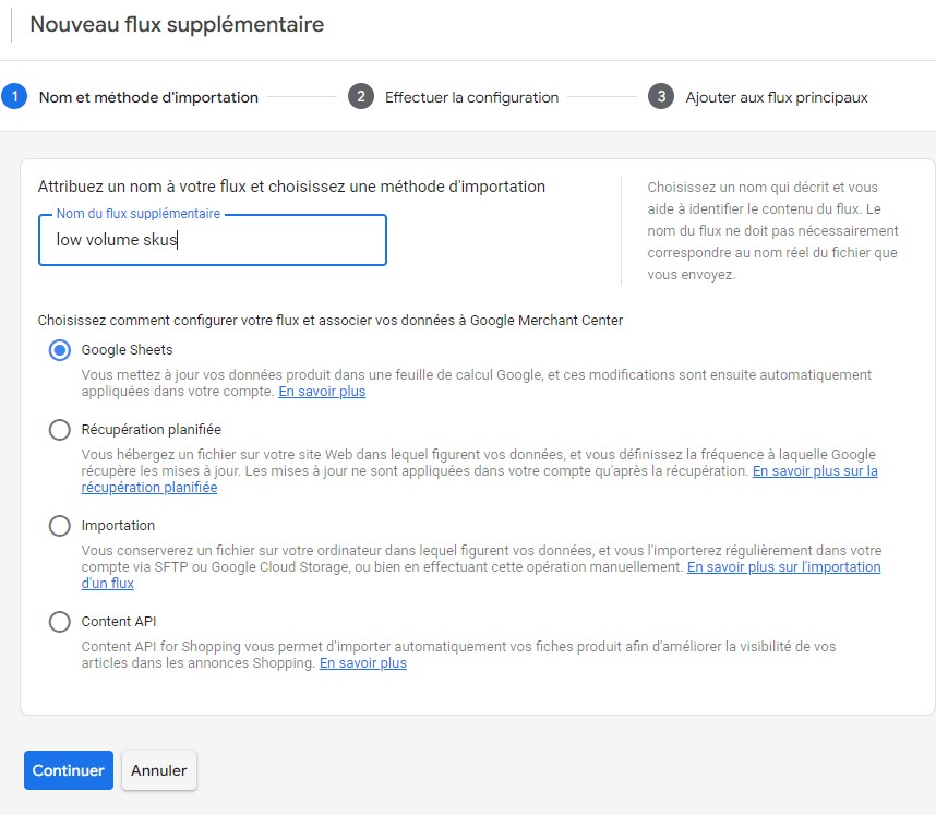 Paramétrage flux supplémentaire