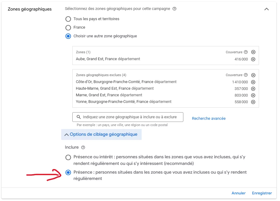 ciblage géographieu "présence uniquemenet" pour les campagnes google ads sélectionner uniquement les personnes présentes pour vos campagnes Google ads.