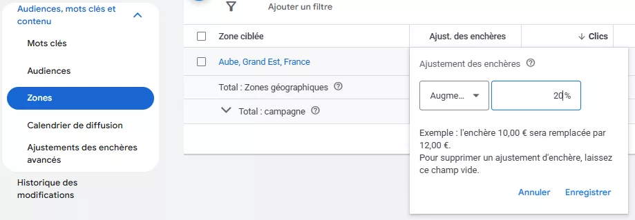ajustement des enchères selon les zones géographiques Ajustez vos enchères en fonction des zones géographiques que couvrent vos campagnes Google Ads.
