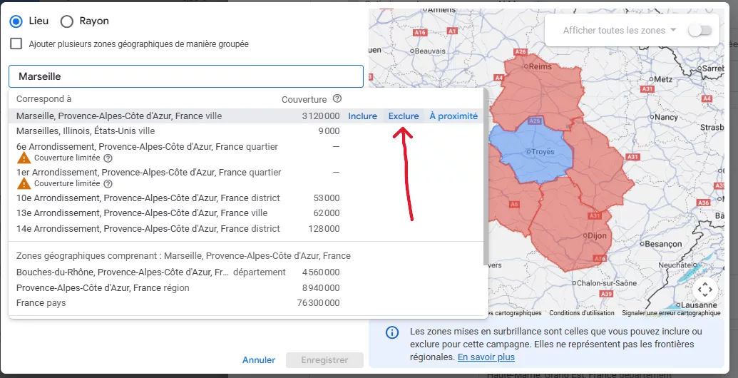 exclure des zones géographiques avec google ads Exclusion de zones geographiques pour vos campagnes google ads.