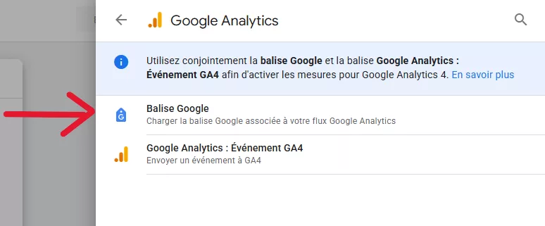 Création d'une "balise Google" sur Google Tag Manager