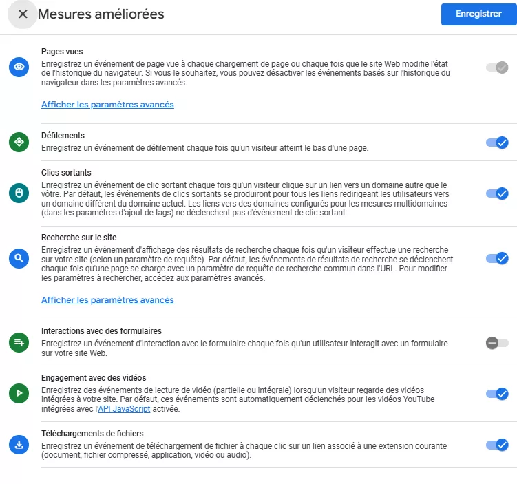 Paramétrage des mesures améliorées sur Google Analytics 4