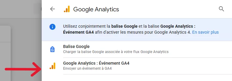 Sélection d'une balise de type "événement GA4" sur Google Tag Manager