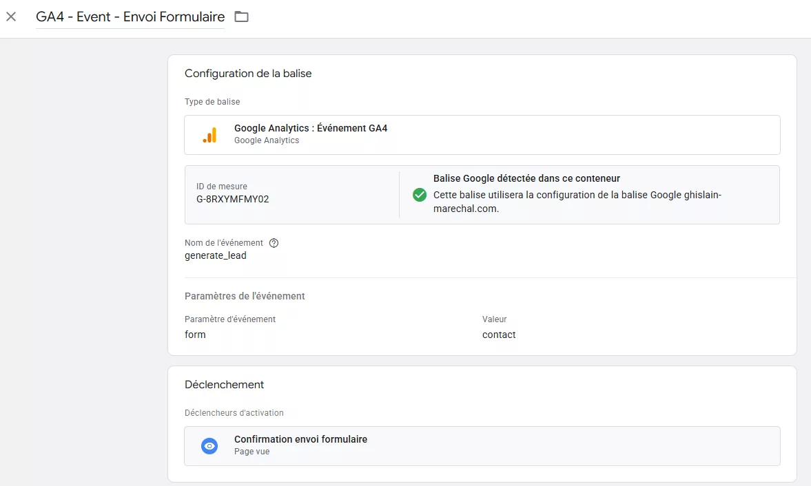 Paramétrage de la balise événement GA4 sur Google Tag Manager