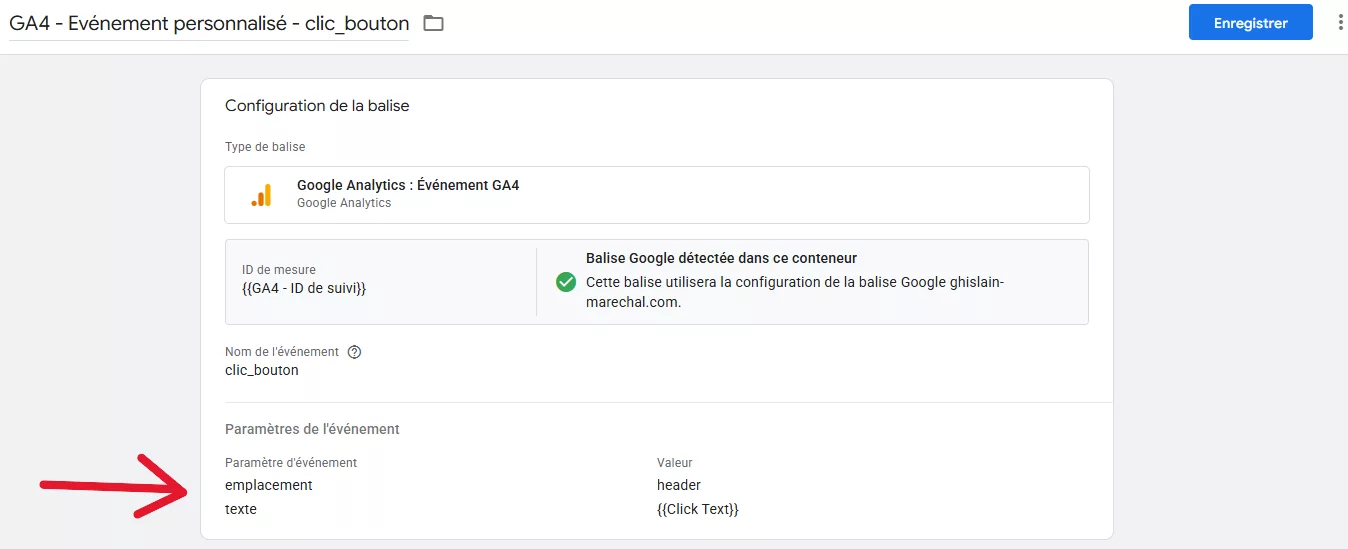 Ajoutez un nom d'événement personnalisé et des paramètres à la balise "événement personalisé GA4" sur Google Tag Manager